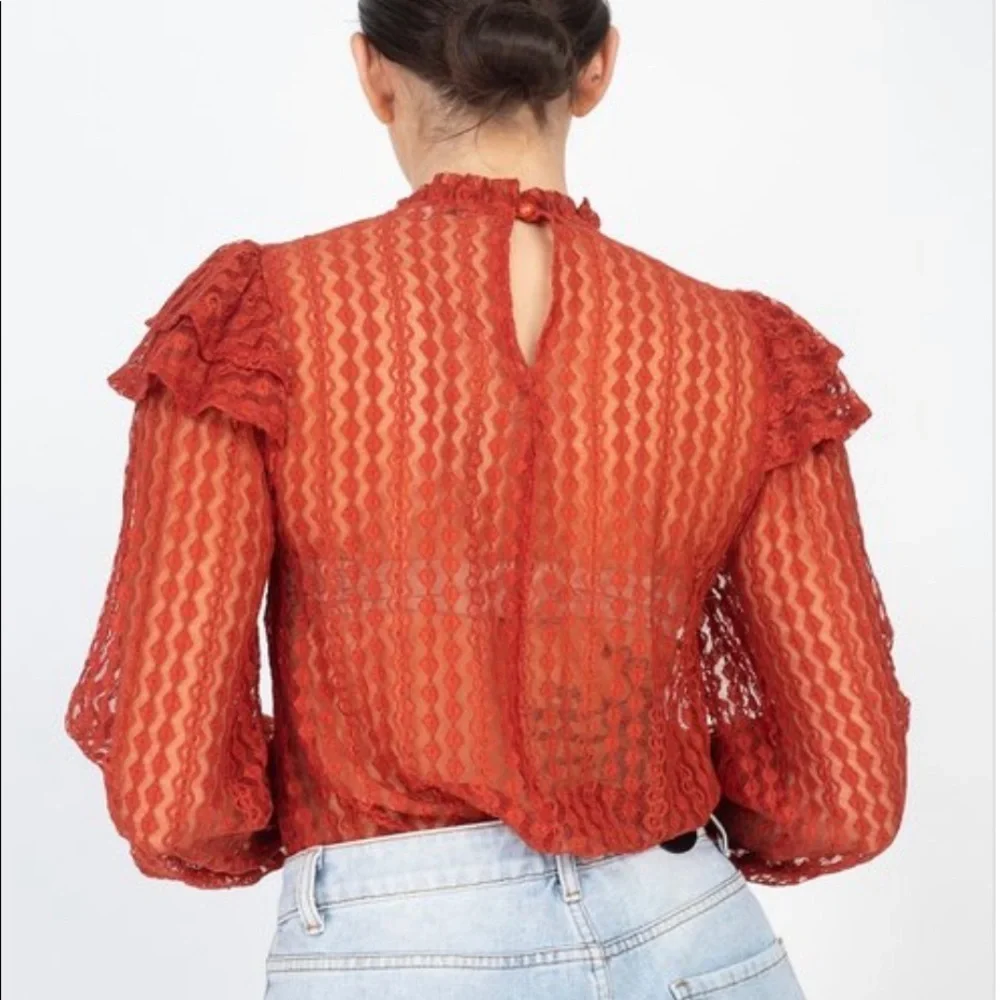 New Trendy Brick Color Sheer Crochet Mock Neck Long Sleeve Blouse